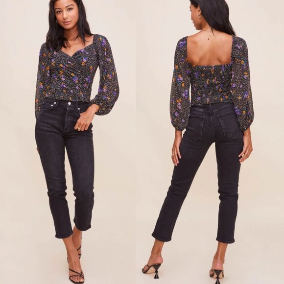 ASTR Shirred Puff Sleeve Sweetheart Neck Floral Smocked Top Size Medium Boho M - Picture 2 of 16